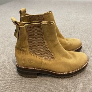 Timberland Boots Women Size 7.5 Tan Nubuck Chelsea Ankle Lug Sole A2HKF